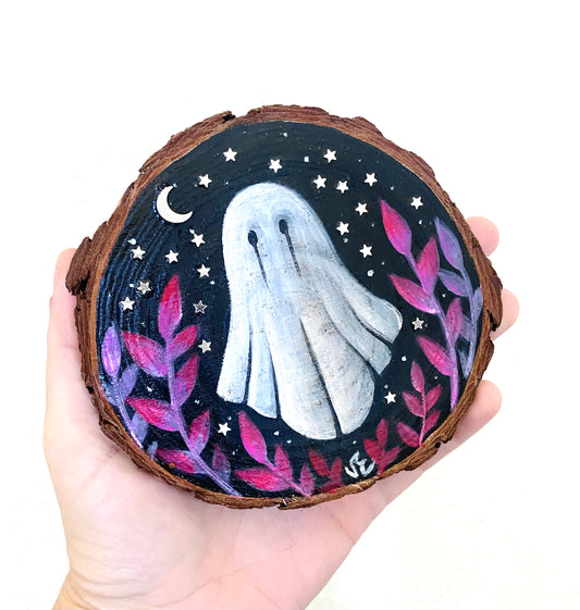 Hand-painted ghostie wood slice / Kézzel festett szellemes fakorong