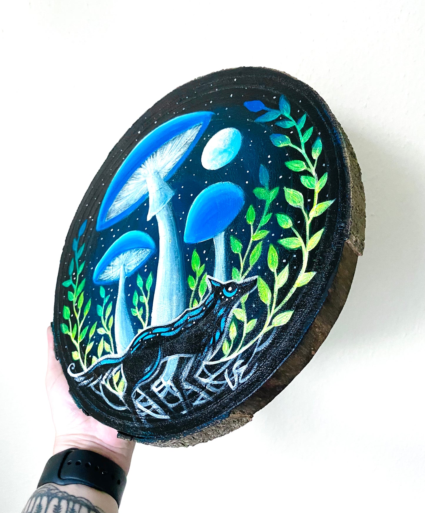 LARGE round hand-painted wood slice / NAGY, kerek kézzel festett falap