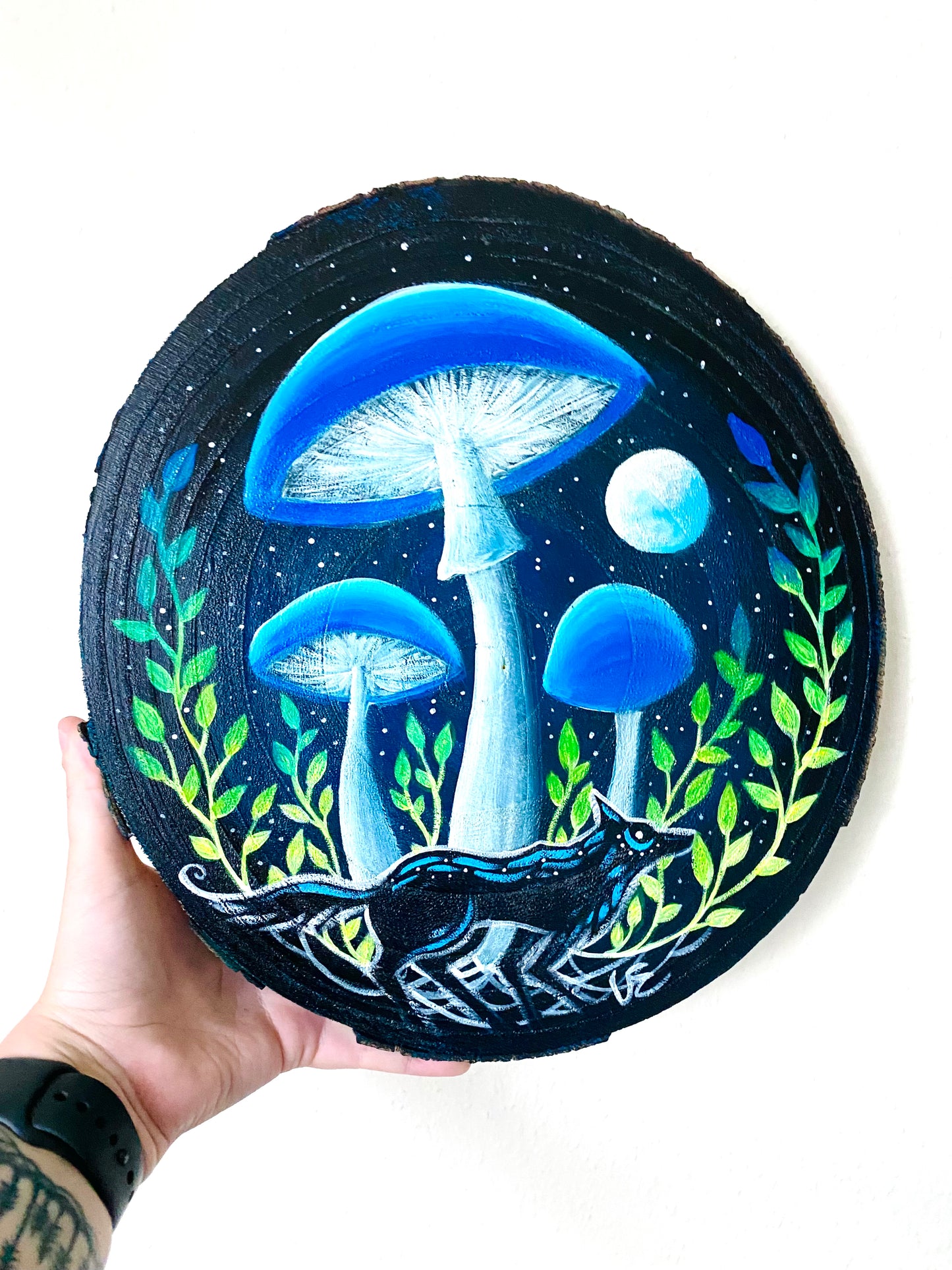 LARGE round hand-painted wood slice / NAGY, kerek kézzel festett falap