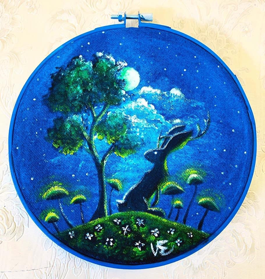 Originales Acrylgemälde auf Upcycling-Denim / Eredeti Akril Festmény Farmeranyagra