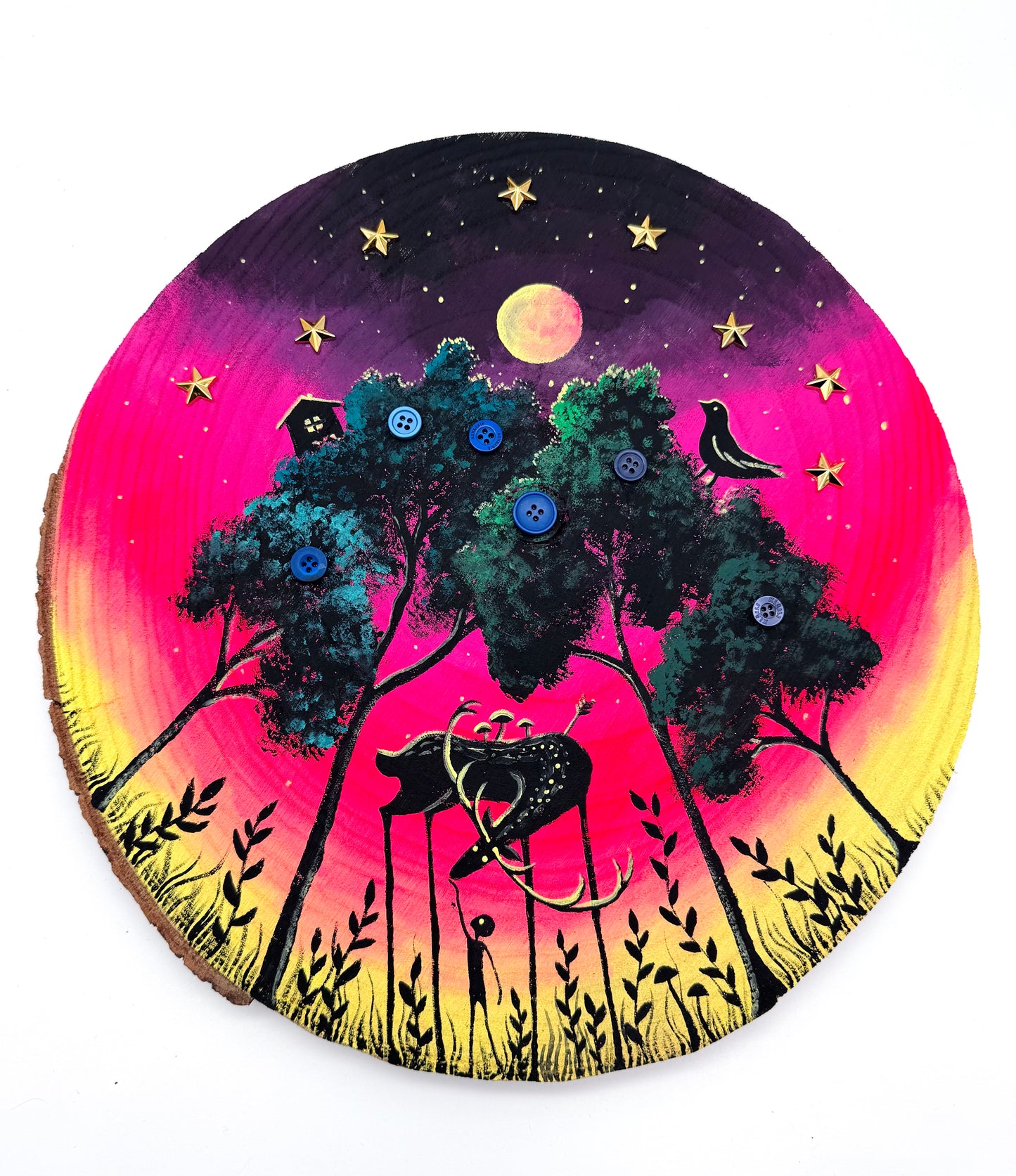 LARGE round hand-painted wood slice / NAGY, kerek kézzel festett fakorong