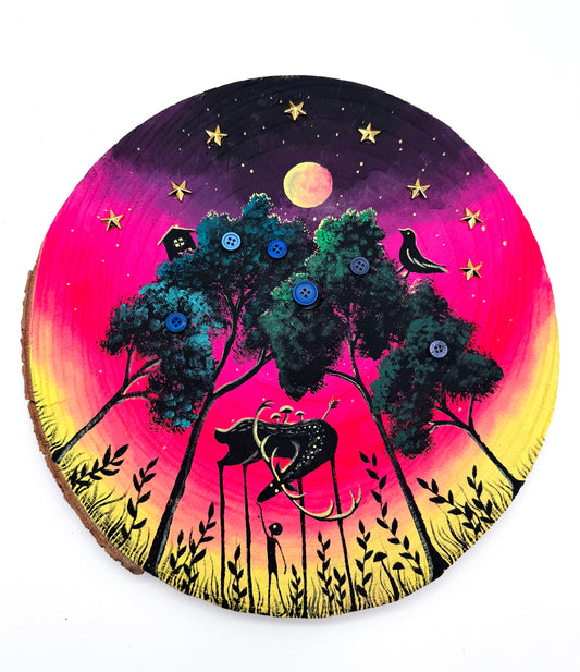 LARGE round hand-painted wood slice / NAGY, kerek kézzel festett fakorong