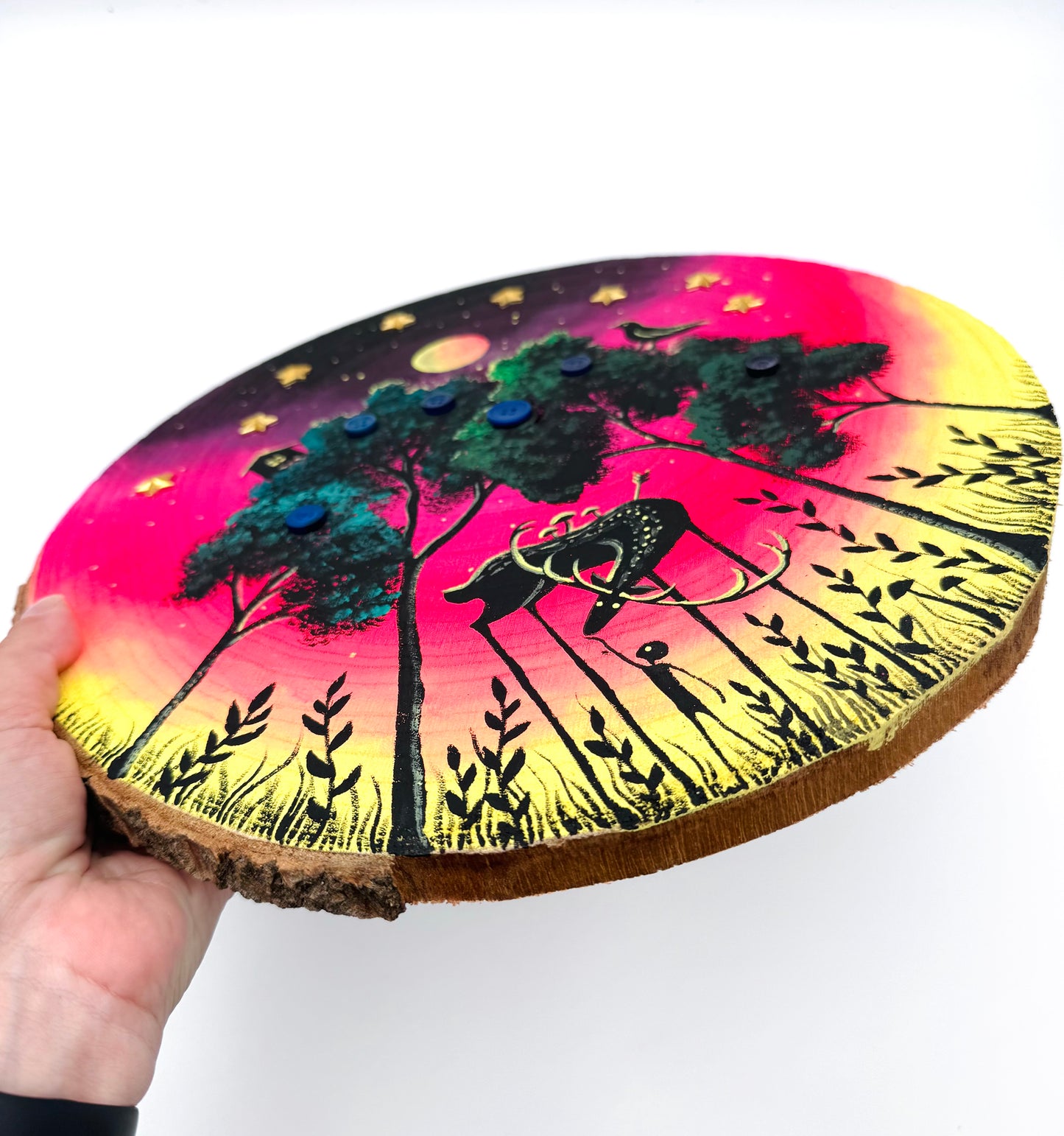 LARGE round hand-painted wood slice / NAGY, kerek kézzel festett fakorong