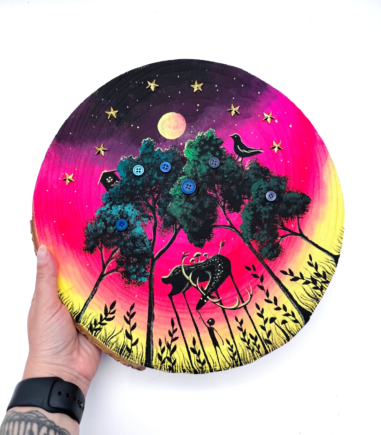 LARGE round hand-painted wood slice / NAGY, kerek kézzel festett fakorong
