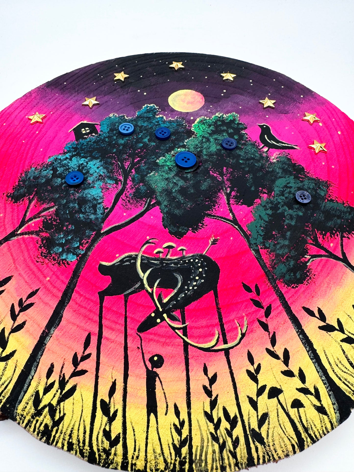 LARGE round hand-painted wood slice / NAGY, kerek kézzel festett fakorong