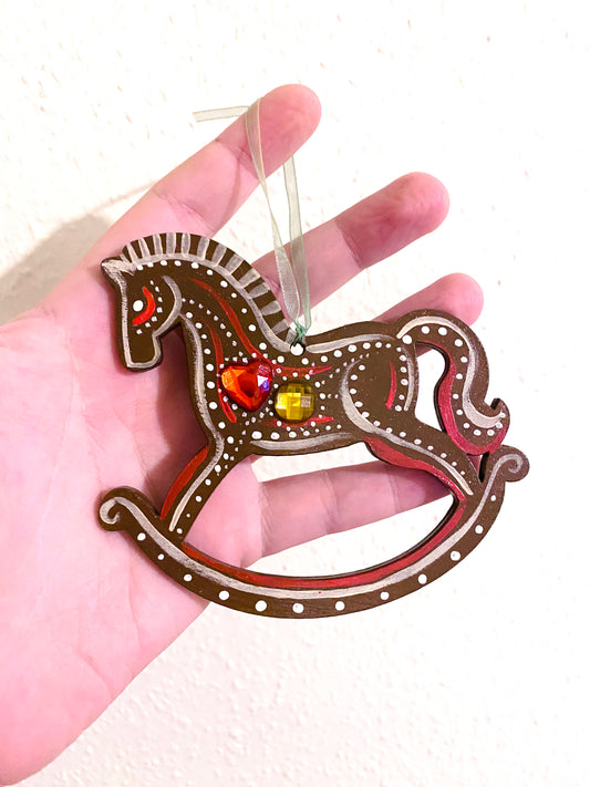 Hand-painted “gingerbread” rocking horse ornament / Kézzel festett “mézeskalács” hintaló dísz