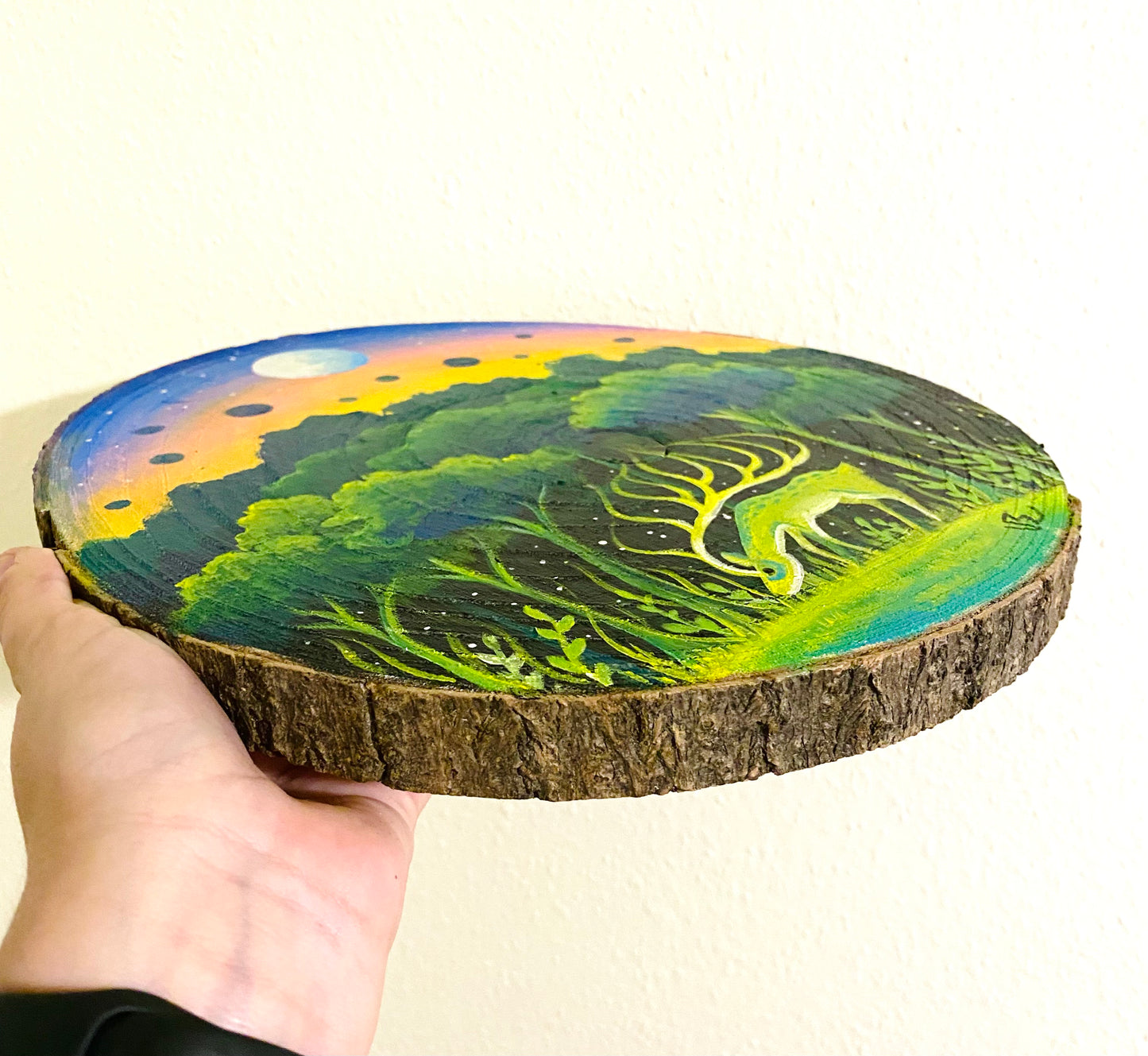 LARGE round hand-painted wood slice / NAGY, kerek kézzel festett fakorong